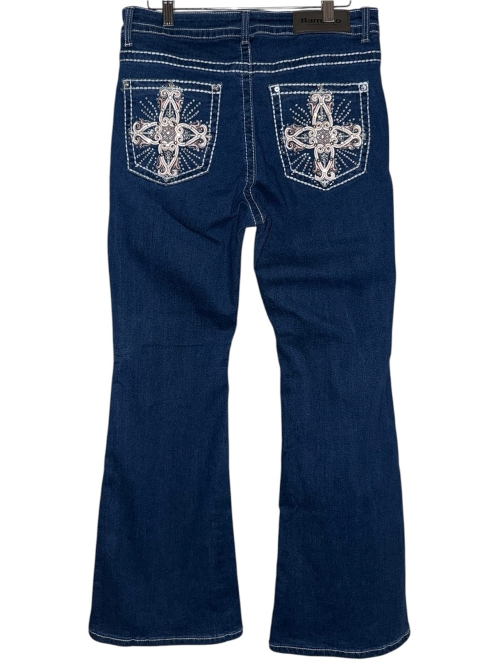 Y2K Bamboo Embroidered Back Pocket Medium Wash Denim Flare Jeans 11/12 Contrast